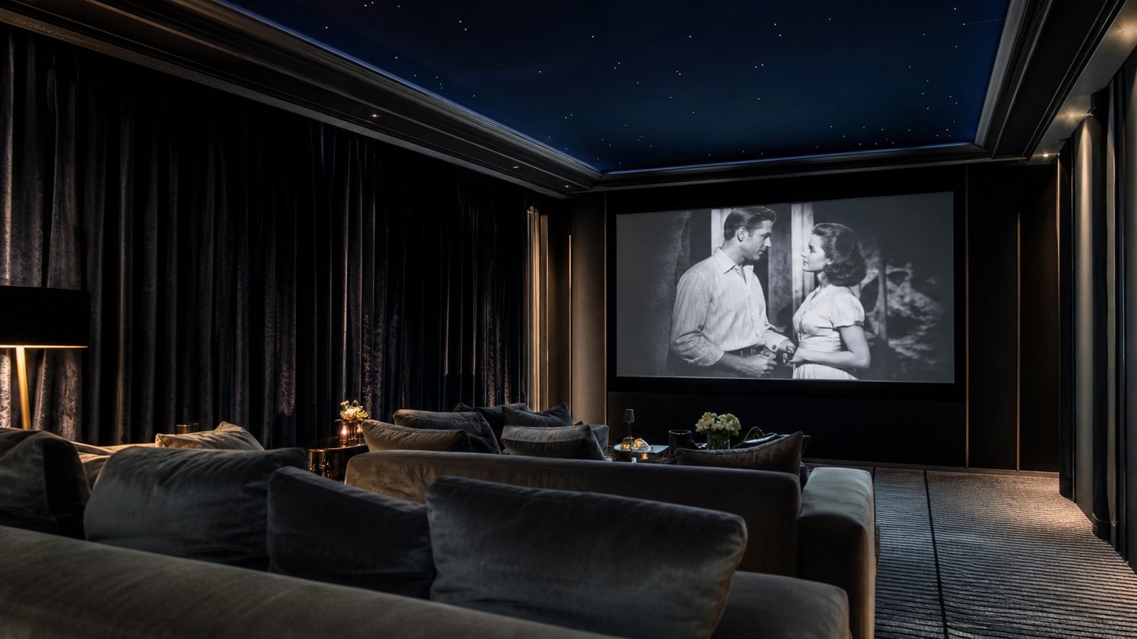 Salle de cinéma privée à l'éclairage tamisé, grand écran et fauteuils face à une acoustique soignée