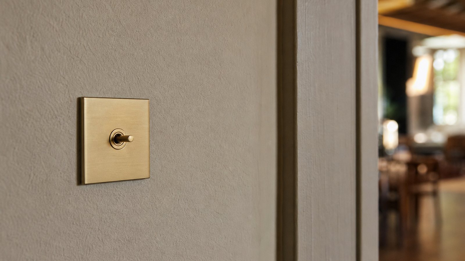 Interrupteur en matière noble et écran encastré affleurant, fondus dans une décoration raffinée