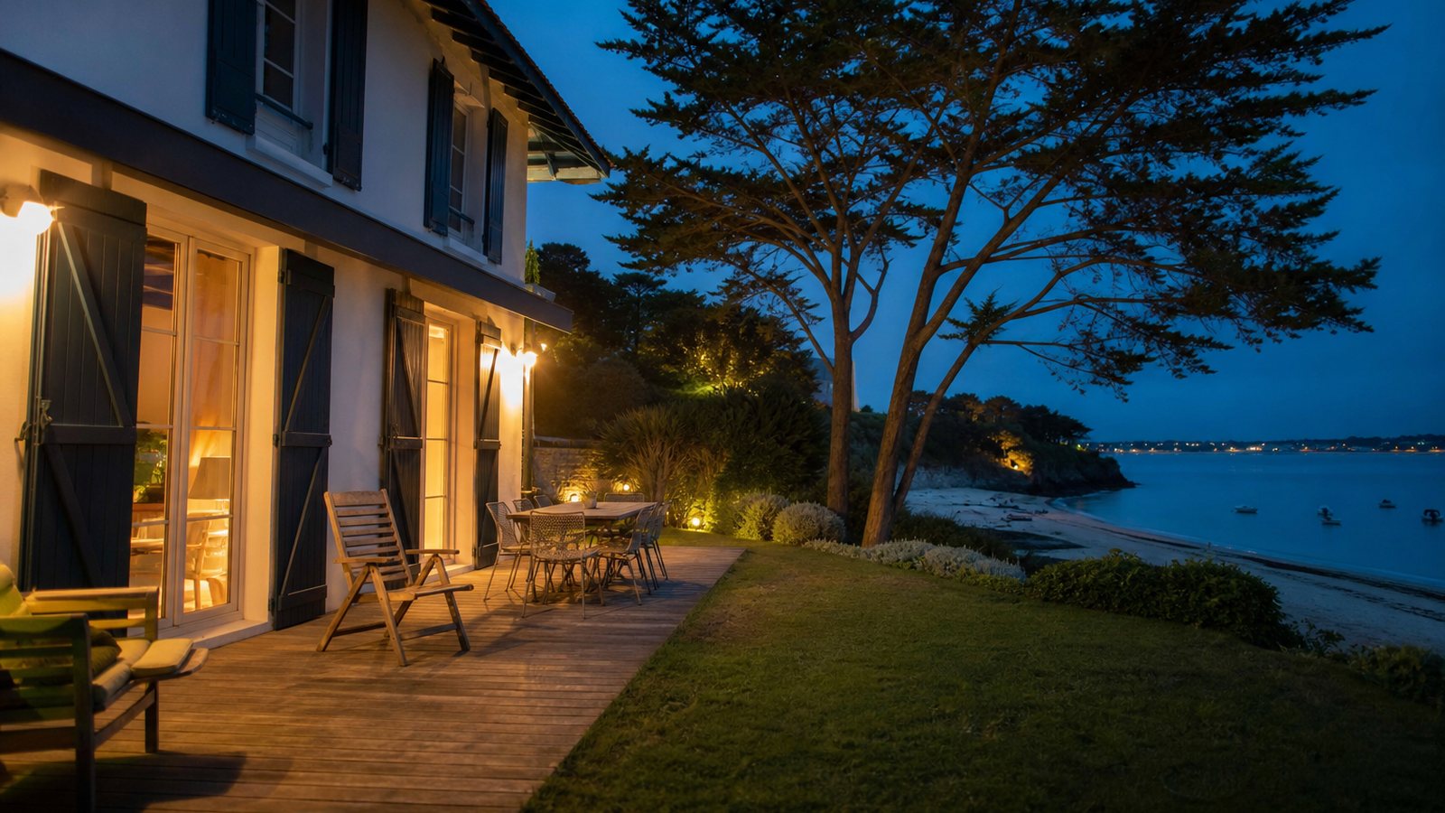 Villa de bord de mer éclairée le soir, préparée à distance avant l'arrivée de ses occupants