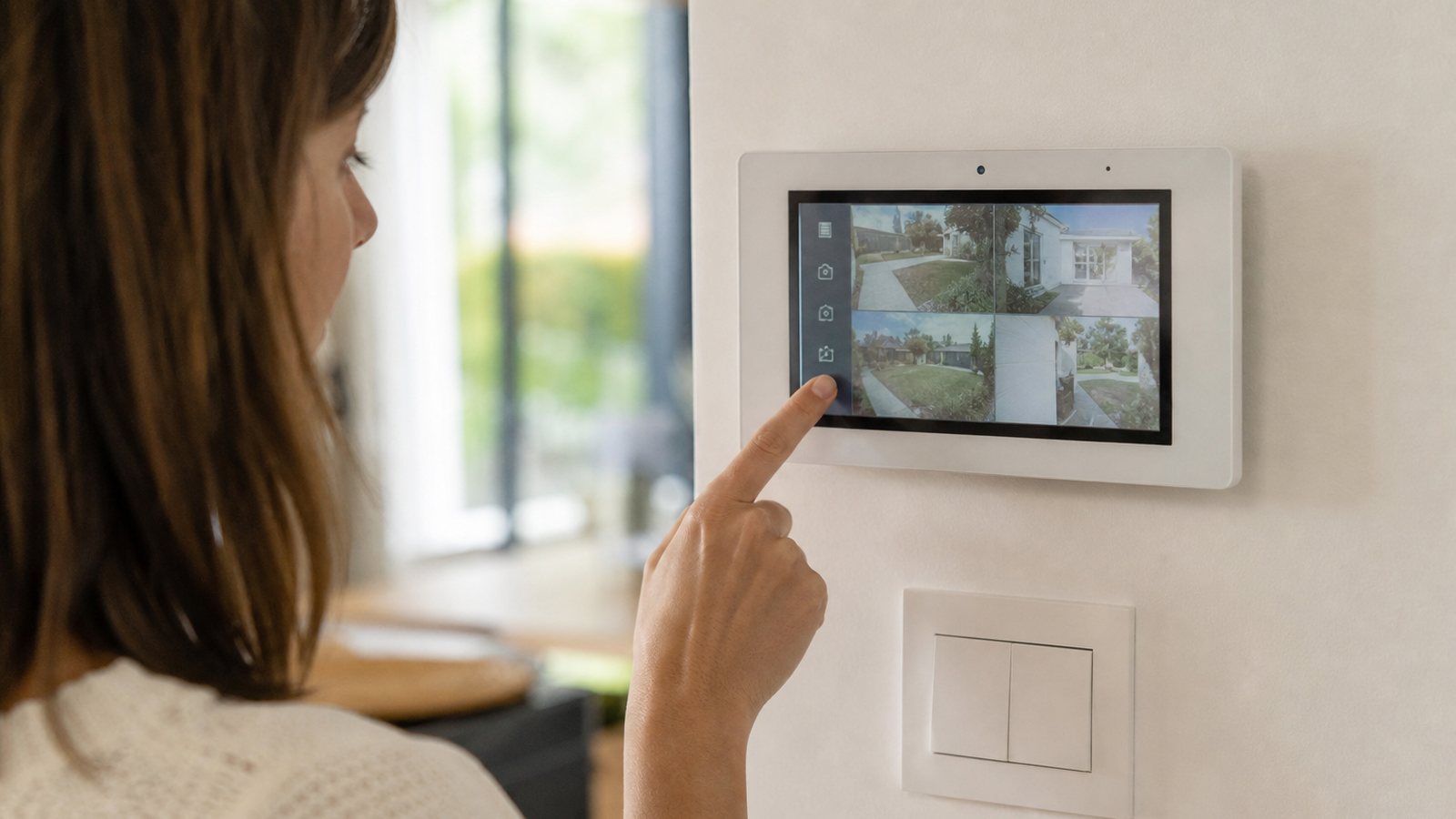 Écran tactile élégant de contrôle d'accès et de surveillance intégré à l'entrée d'une maison d'exception